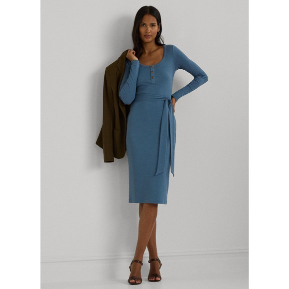 Lauren Ralph Lauren Dresses & Skirts - Lauren Ralph Lauren Women Belted Rib Knit Henley Dress Blue Dusk Size S